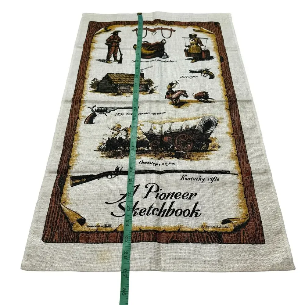 Vintage A Pioneer Sketchbook Linen Tea Towel Kay Dee Western Wagon Brown Tan